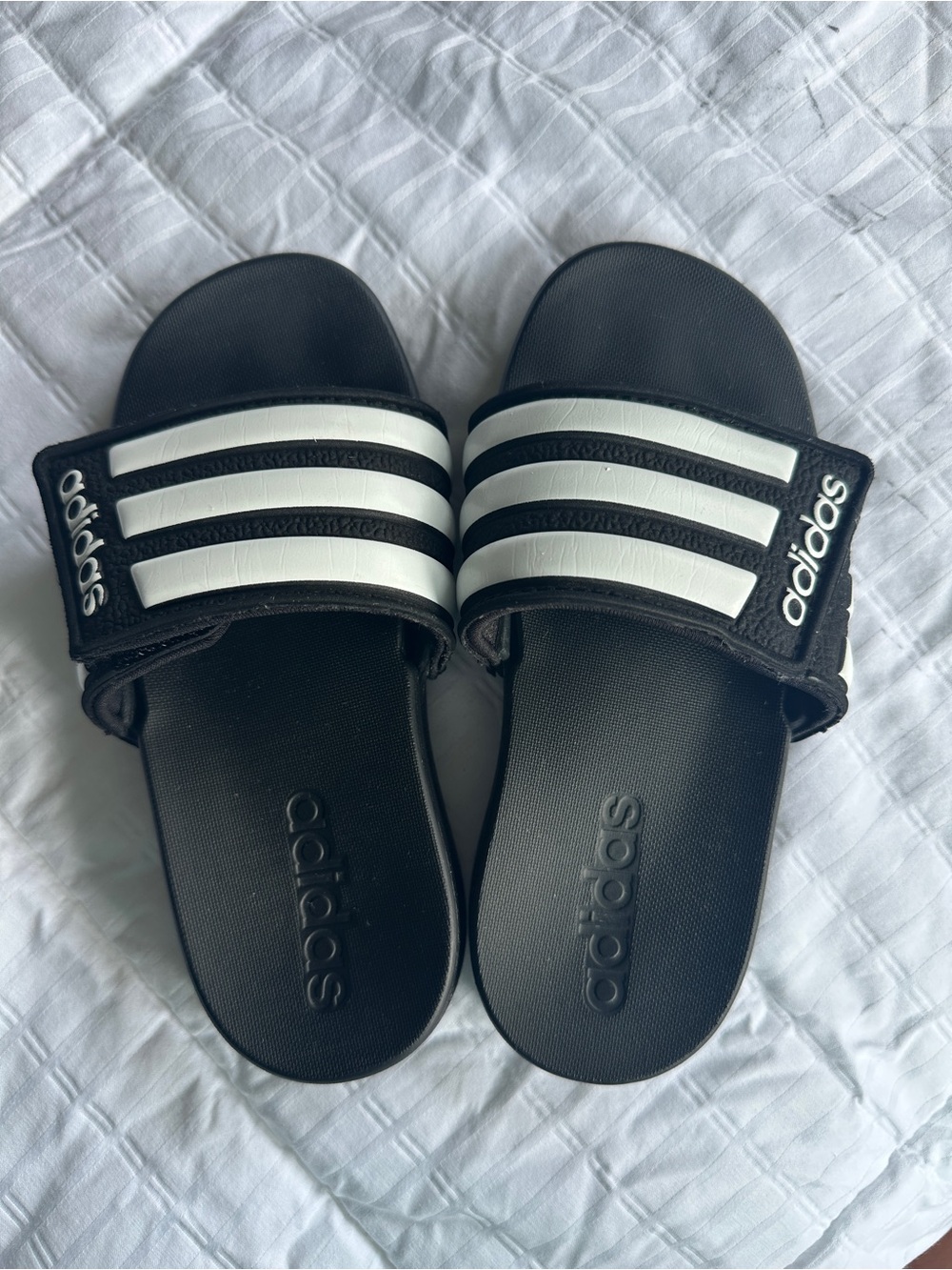 adidas Kids Black and White Slide Sandals with Three Stripes